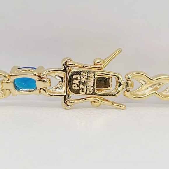 18KT Yellow Gold Sterling Silver Blue & White Cubic Zirconi Bracelet $225 8" NWB - Picture 6 of 16